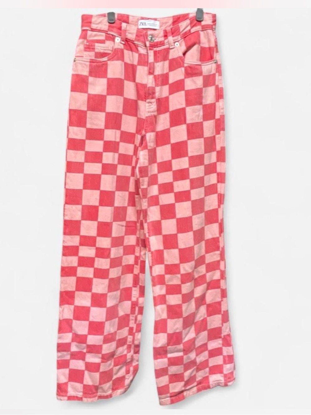 Zara Pink Checkerboard Wide-Leg Jeans